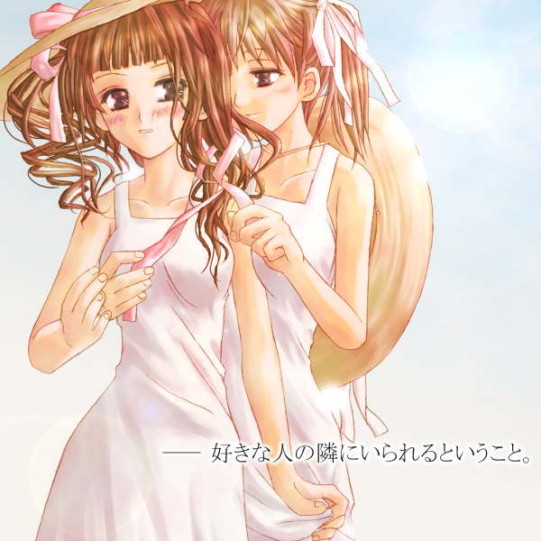 fukuzawa yumi, matsudaira touko, maria-sama ga miteru, 00s, 2girls, blush, brown eyes, brown hair, dress, hair ribbon, hat, multiple girls, ribbon