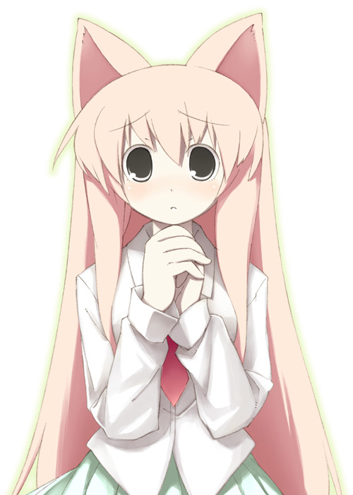murata mine, original, 1girl, animal ears, black eyes, blush, cat ears, cat girl, female focus, long hair, looking at viewer, necktie, own hands together, pink hair, red necktie, simple background, solo, standing, white background