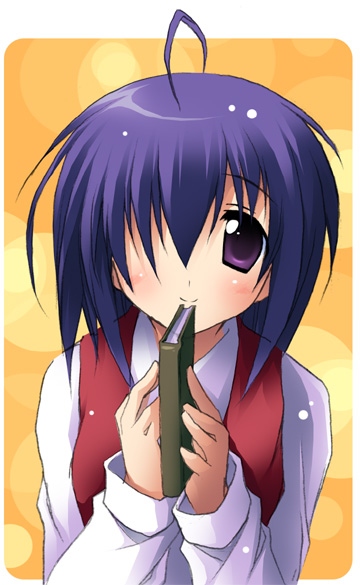 kantoku, miyazaki nodoka, mahou sensei negima!, 00s, 1girl, ahoge, blue hair, blush, book, female focus, hair over eyes, hair over one eye, heavy lens flare, lens flare, purple eyes, school uniform, smile, solo