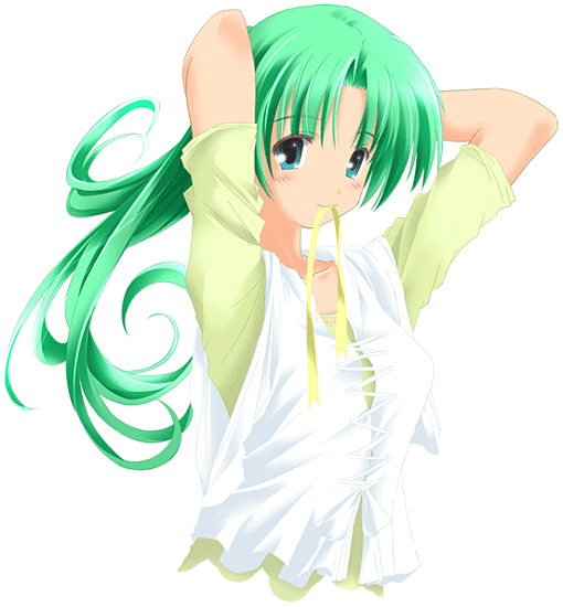 fujitsuki, sonozaki shion, higurashi no naku koro ni, 00s, 1girl, adjusting hair, arms up, blue eyes, cross-laced clothes, female focus, green hair, looking at viewer, mouth hold, ribbon, ribbon in mouth, smile, solo, transparent background, tying hair, upper body
