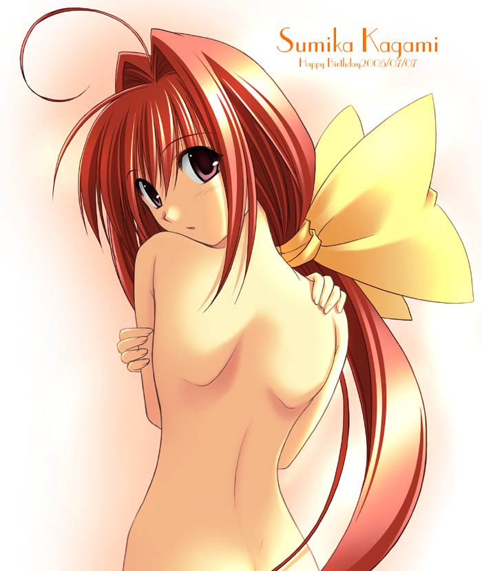 takepon, kagami sumika, muv-luv, 1girl, ahoge, back, back focus, completely nude, female focus, from behind, long hair, looking back, nude, pink eyes, ponytail, red hair, solo