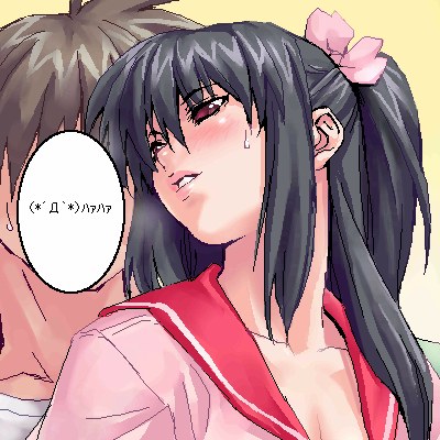 zen, yuzuhara konomi, to heart (series), to heart 2, lowres, 00s, 1boy, 1girl, black hair, blush, brown hair, emoticon, long hair, looking back, oekaki, parted lips, ponytail, school uniform, serafuku, solo focus, sweat, upper body