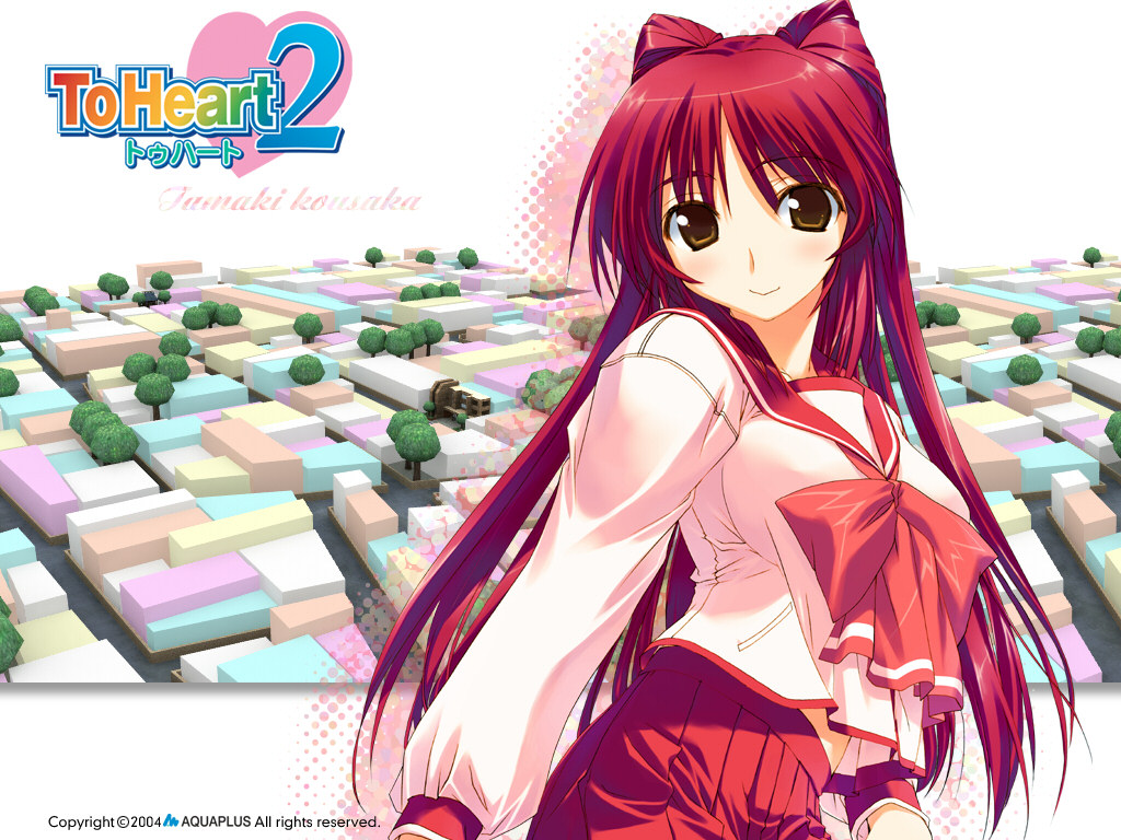 amazuyu tatsuki, kousaka tamaki, to heart (series), to heart 2, official art, official wallpaper, 00s, 1girl, 2004, blush, brown eyes, copyright name, female focus, long hair, pleated skirt, rainbow text, red hair, school uniform, serafuku, skirt, solo