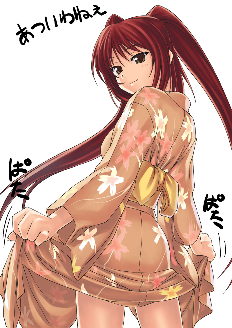 tanaka shoutarou, kousaka tamaki, to heart (series), to heart 2, 00s, 1girl, blush, brown eyes, clothes lift, female focus, floral print, japanese clothes, kimono, lifting own clothes, long hair, obi, print kimono, red hair, sash, skirt, skirt lift, solo, twintails, yukata