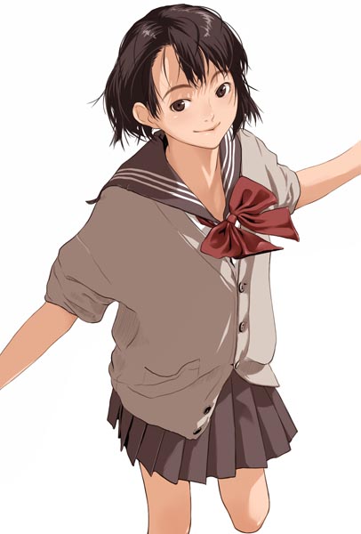 gafas, kamo (gafas), original, 1girl, blouse, cardigan, female focus, grey shirt, pleated skirt, school uniform, serafuku, shirt, short hair, simple background, skirt, sleeves rolled up, solo, standing, standing on one leg, sweater, white background