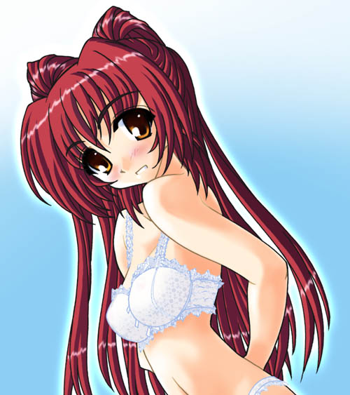 masutaauu, kousaka tamaki, to heart (series), to heart 2, 00s, blush, bra, brown eyes, lingerie, long hair, panties, red hair, solo, underwear, white panties