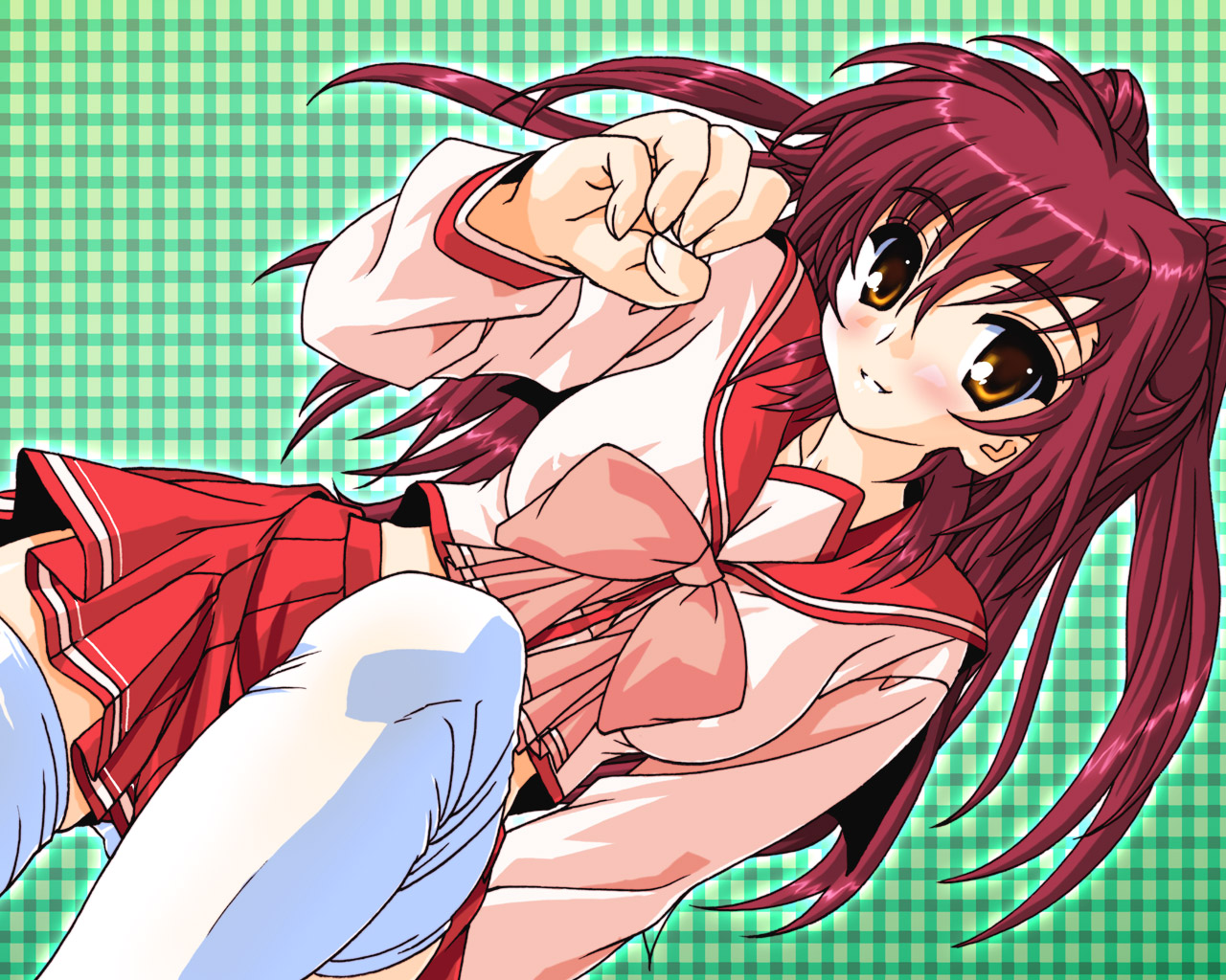 masutaauu, kousaka tamaki, to heart (series), to heart 2, 00s, 1girl, blush, brown eyes, female focus, long hair, midriff, pleated skirt, red hair, school uniform, serafuku, skirt, solo, thighhighs, white thighhighs, zettai ryouiki