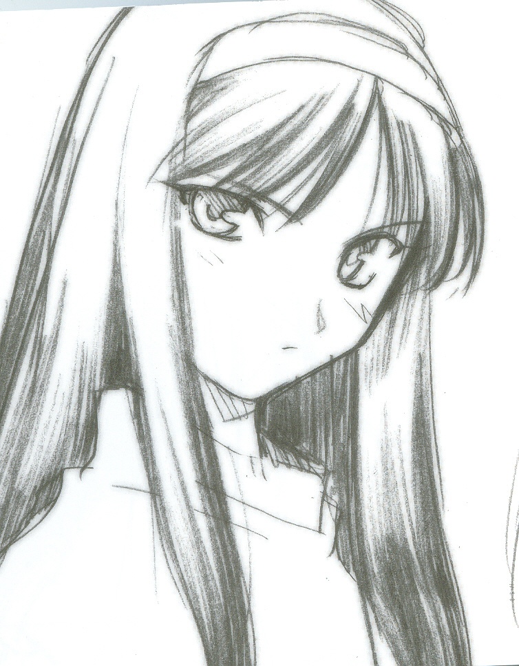 tohno akiha, tsukihime, 00s, :/, close-up, greyscale, hairband, monochrome, portrait, simple background, sketch, white background