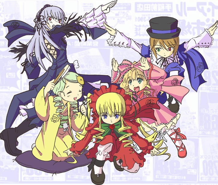 hinaichigo, kanaria, shinku, souseiseki, suigintou, dragon ball, dragonball z, rozen maiden, 5girls, blonde hair, bow, ginyu force pose, heterochromia, multiple girls, parody, pink bow, tokusatsu