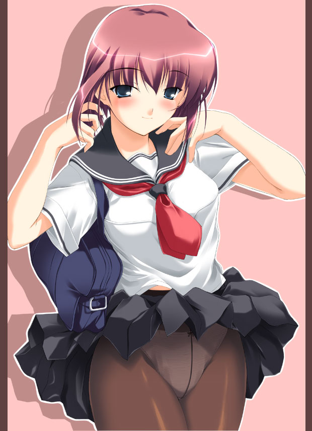 yukirin, original, 1girl, blue eyes, blush, brown pantyhose, clothes lift, crotch seam, female focus, necktie, panties, panties under pantyhose, pantyhose, pleated skirt, red hair, school uniform, seductive smile, serafuku, short hair, skirt, skirt lift, smile, solo, underwear, upskirt, wind, wind lift