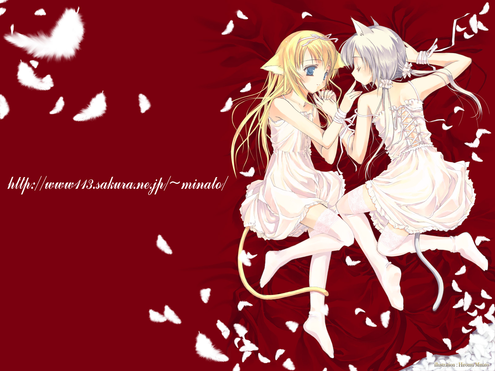 hiromu minato, minato hiromu, original, lace-trimmed legwear, silver hair, highres, 2girls, animal ears, blonde hair, cat ears, cat girl, cat tail, feathers, lace, lace trim, low twintails, lying, multiple girls, red background, tail, thighhighs, twintails, white theme, white thighhighs, yuri