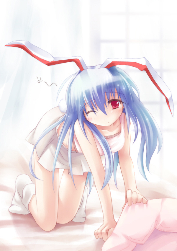ai takurou, reisen udongein inaba, touhou, duplicate, 1girl, alternate hair color, animal ears, blue hair, casual, female focus, one eye closed, rabbit ears, skirt, socks, solo, wink