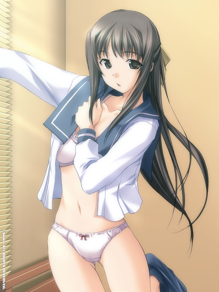 kawagishi keitarou, hizuki ayumi, ringetsu, duplicate, 1girl, bottomless, bow, bow panties, bra, brown eyes, brown hair, dressing, female focus, hair bow, lace, lace-trimmed bra, lace trim, leg lift, lingerie, long hair, navel, no pants, open clothes, open shirt, panties, school uniform, serafuku, shirt, solo, standing, underwear, white bra, white panties