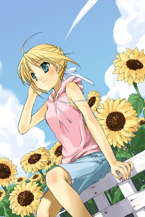 artoria pendragon (fate), saber (fate), fate/stay night, fate (series), looking away, 00s, 1girl, ahoge, alternate costume, blonde hair, blue eyes, blue sky, blush, casual, cloud, day, denim, denim shorts, dutch angle, female focus, fence, flower, hood, hood down, hoodie, outdoors, shorts, sitting, sky, sleeveless, sleeveless hoodie, solo, sunflower, tucking hair, wooden fence