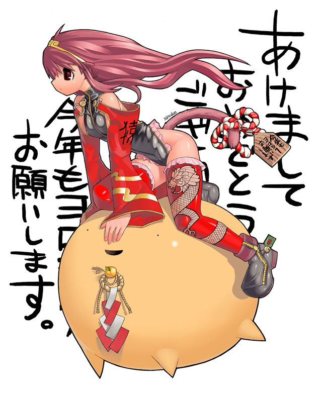 x6suke, original, 1girl, animal ears, ankle boots, bell, boots, detached sleeves, ema, female focus, frilled thighhighs, frills, highleg, monkey ears, monkey tail, pink hair, red eyes, red thighhighs, riding, solo, tail, text focus, thighhighs, zipper
