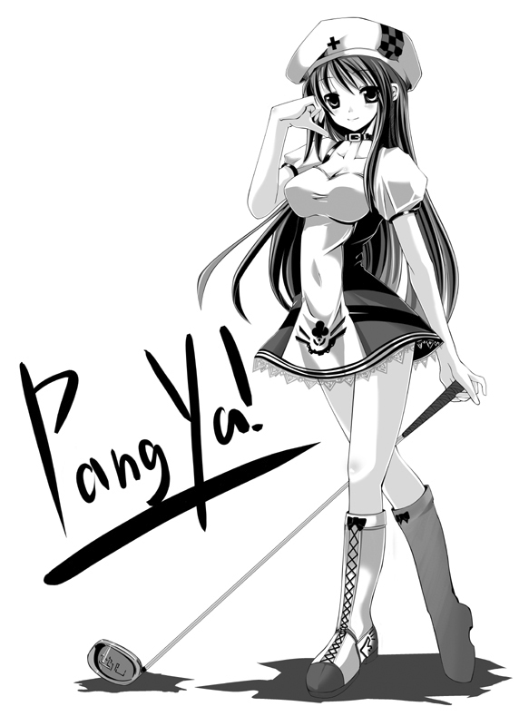 arin (pangya), pangya, beret, breasts, cleavage, golf club, greyscale, hat, long hair, monochrome, simple background, white background