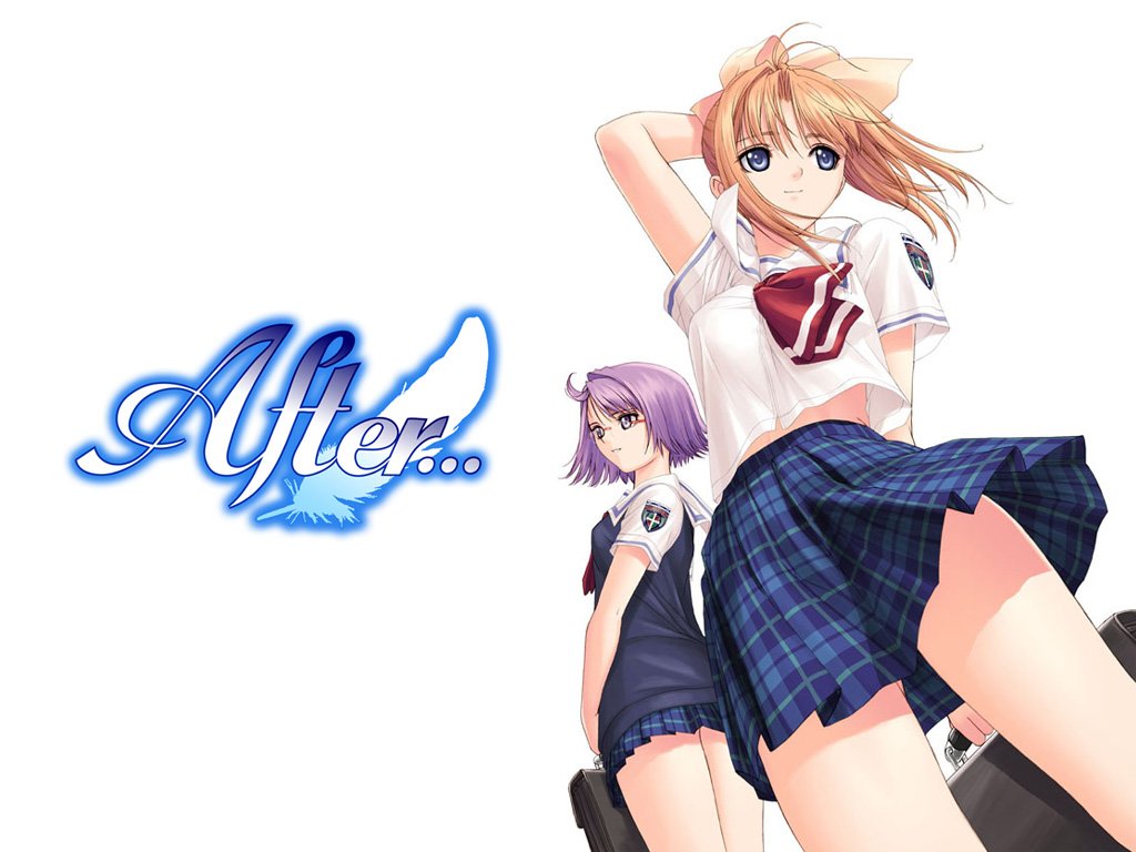 tony taka, kishi youko, shiomiya kanami, after (game), after sweet kiss, 00s, 2girls, bag, blue eyes, brown hair, glasses, midriff, multiple girls, plaid clothes, plaid skirt, pleated skirt, ponytail, purple eyes, purple hair, school bag, school uniform, serafuku, short hair, skirt, smile, wind