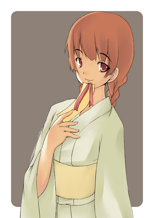 nakamura kusata, shimazu yoshino, maria-sama ga miteru, 00s, 1girl, braid, female focus, japanese clothes, kimono, long hair, looking at viewer, simple background, smile, solo, twin braids