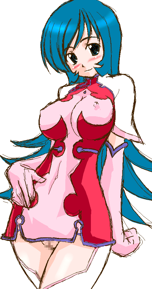 rikumoto yoshiyuki, kotona elegance, zoids, zoids genesis, 00s, 1girl, blue eyes, blue hair, blush, breasts, censored, china dress, chinese clothes, covered erect nipples, cowboy shot, dress, female focus, large breasts, matching hair/eyes, mosaic censoring, no panties, pussy, simple background, sketch, solo, white background
