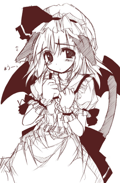yumesato makura, remilia scarlet, touhou, 1girl, animal ears, bat wings, blush, cat ears, cat girl, cat tail, female focus, hat, looking at viewer, mob cap, monochrome, short hair, solo, tail, tears, wings