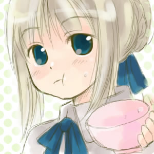 misaki kozue, artoria pendragon (fate), saber (fate), fate/stay night, fate (series), lowres, 00s, 1girl, :t, blonde hair, blouse, bowl, braid, braided bun, eating, female focus, hair bun, oekaki, rice, rice bowl, shirt, solo