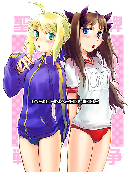 task owner, artoria pendragon (fate), saber (fate), tohsaka rin, fate/stay night, fate (series), 00s, 2girls, ahoge, alternate costume, blonde hair, blue eyes, blush stickers, bow, brown hair, buruma, green eyes, gym uniform, hair bow, multiple girls, single vertical stripe