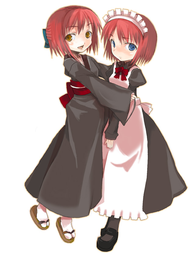 obscur, hisui (tsukihime), kohaku (tsukihime), tsukihime, type-moon, 00s, 2girls, apron, blue eyes, bow, japanese clothes, kimono, long sleeves, maid, maid apron, multiple girls, obi, red hair, ribbon, sandals, sash, short hair, siblings, sisters, twins, yellow eyes, zouri
