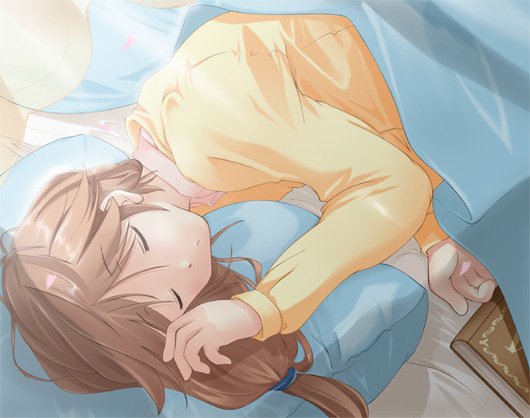 higuchi shuu, komaki ikuno, to heart (series), to heart 2, 00s, 1girl, book, brown hair, closed eyes, female focus, hair down, long hair, sleeping, solo, under covers