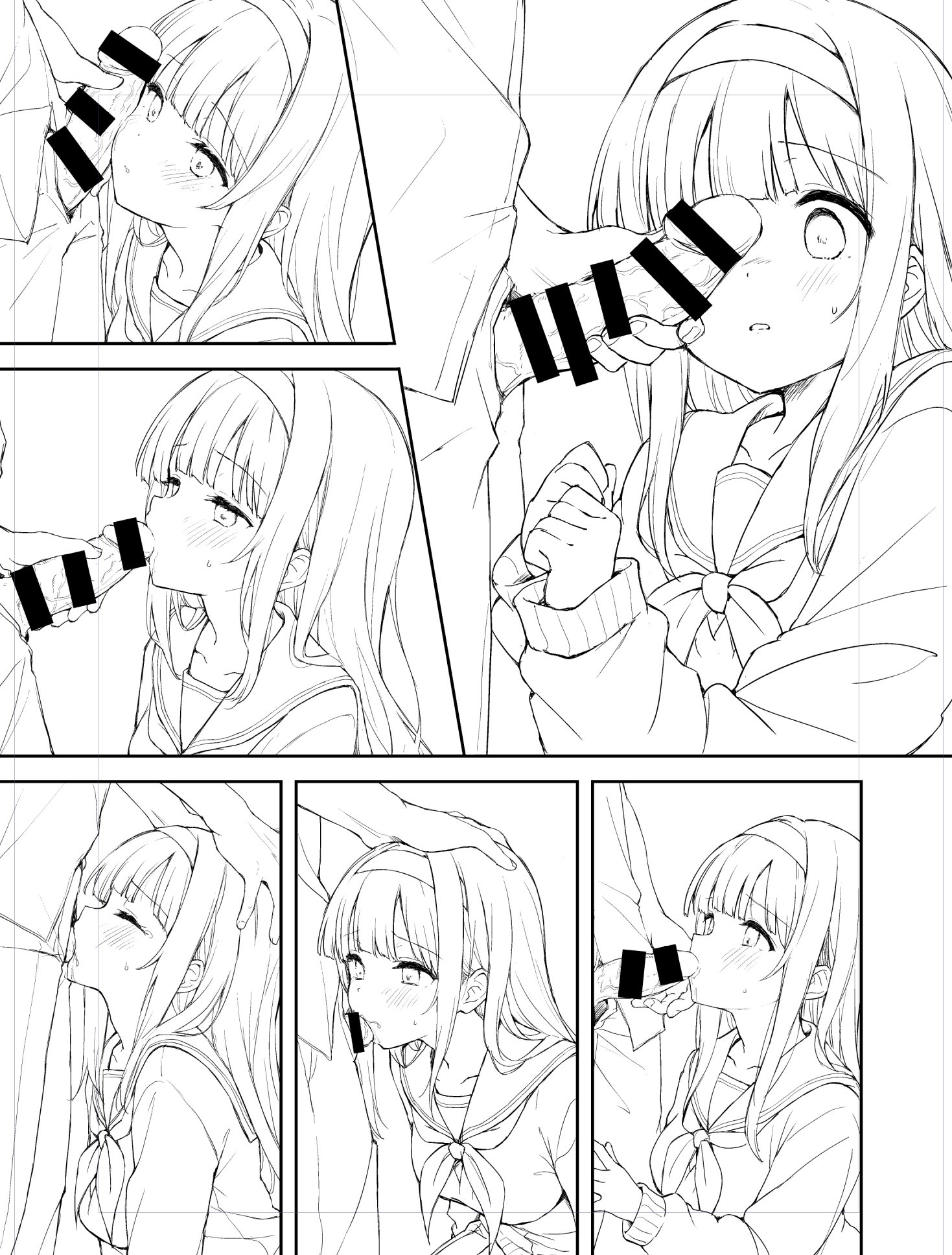 minase shuu, original, highres, 1boy, 1girl, blush, cheek press, clenched hands, closed eyes, clothed sex, fellatio, hairband, hands on another's head, hetero, lineart, monochrome, multiple views, neckerchief, open fly, oral, pants, parted lips, penis, penis on face, penis over one eye, school uniform, serafuku, sweat, sweater, veins, veiny penis