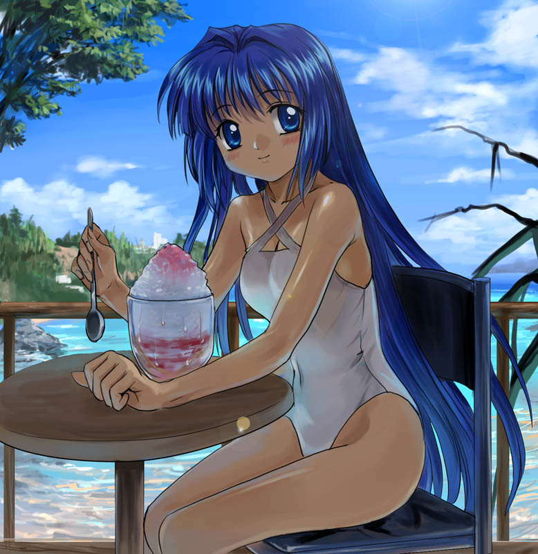 mutsuki (moonknives), minase nayuki, kanon, key (company), 1girl, blue eyes, blue hair, breasts, casual one-piece swimsuit, chair, cleavage, cloud, day, female focus, food, hair intakes, halterneck, holding, holding spoon, ice cream, lens flare, long hair, matching hair/eyes, medium breasts, ocean, on chair, one-piece swimsuit, outdoors, shaved ice, sitting, smile, solo, spoon, swimsuit, table, tree, very long hair, water