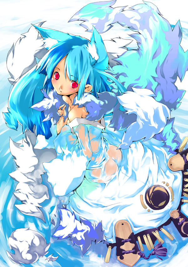 yoshiwo, original, 1girl, animal ears, blue hair, blue theme, blush, female focus, fox ears, fox tail, looking at viewer, looking back, red eyes, solo, tail