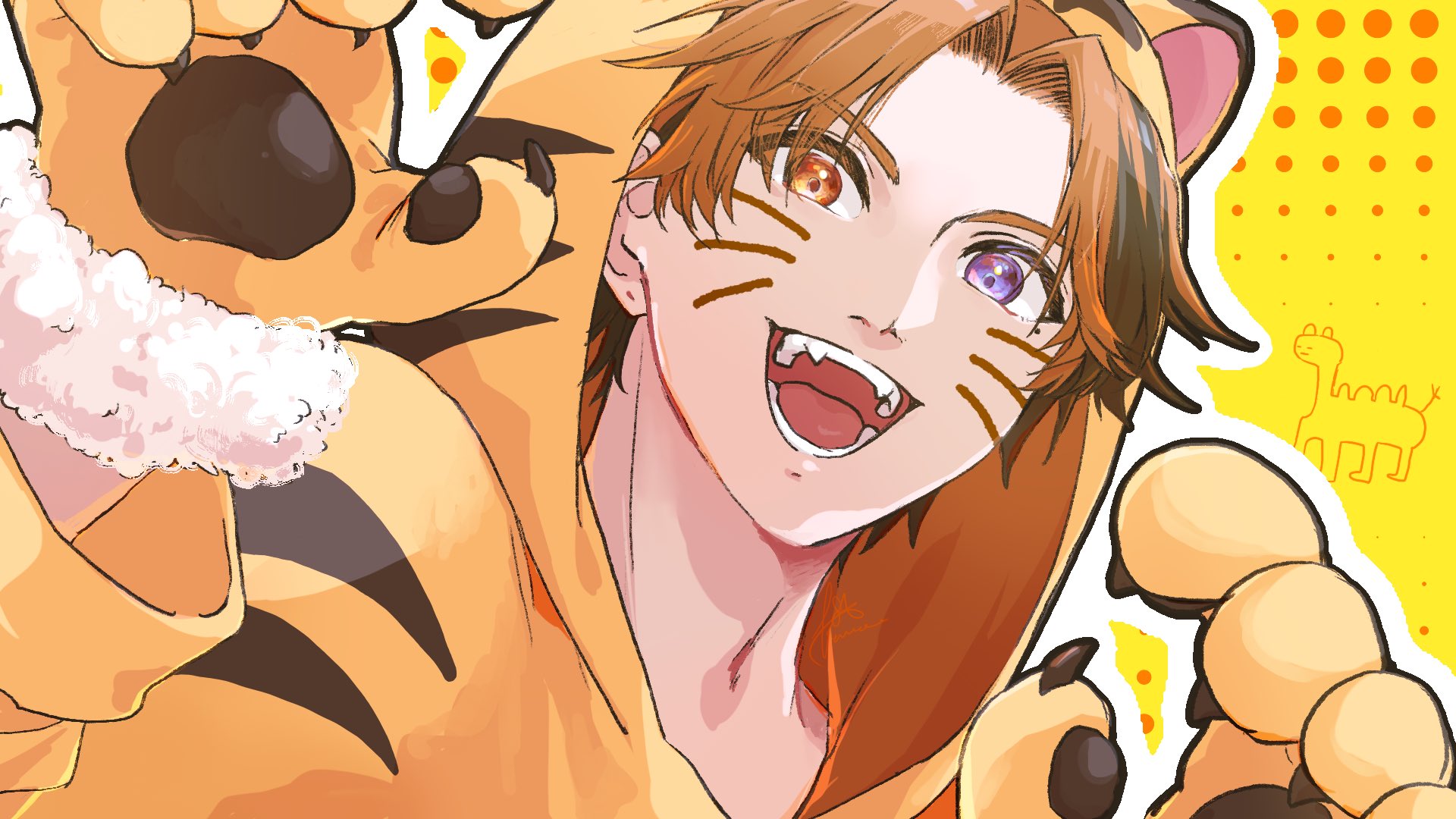 yukoku roberu, holostars, commentary, highres, 1boy, :d, animal print, claws, cosplay, drawn whiskers, fangs, fluff, heterochromia, hood, hood up, k no846, kigurumi, mole, open mouth, orange background, orange eyes, orange hair, purple eyes, short hair, smile, solo, tiger stripes
