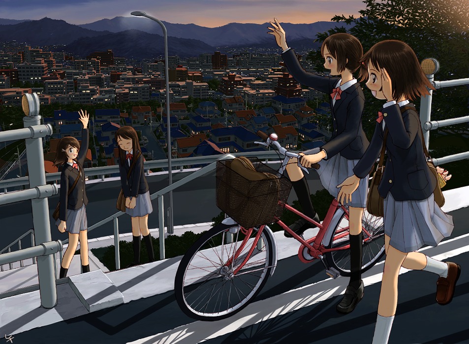 amta, gozenta, original, black footwear, brown footwear, white legwear, 4girls, :d, ^ ^, bag, bag charm, basket, bicycle, black socks, blazer, bow, bowtie, brown hair, building, charm (object), city, cityscape, closed eyes, dusk, guard rail, hair ornament, hairclip, hill, jacket, kneehighs, lamppost, loafers, long sleeves, multiple girls, open mouth, outdoors, own hands together, pleated skirt, ponytail, profile, pushing bicycle, railing, riding, road, scenery, school bag, school uniform, serafuku, shade, shadow, shoes, short hair, short ponytail, shoulder bag, signature, skirt, slice of life, smile, socks, stairs, standing, street, sunset, v arms, walking, waving