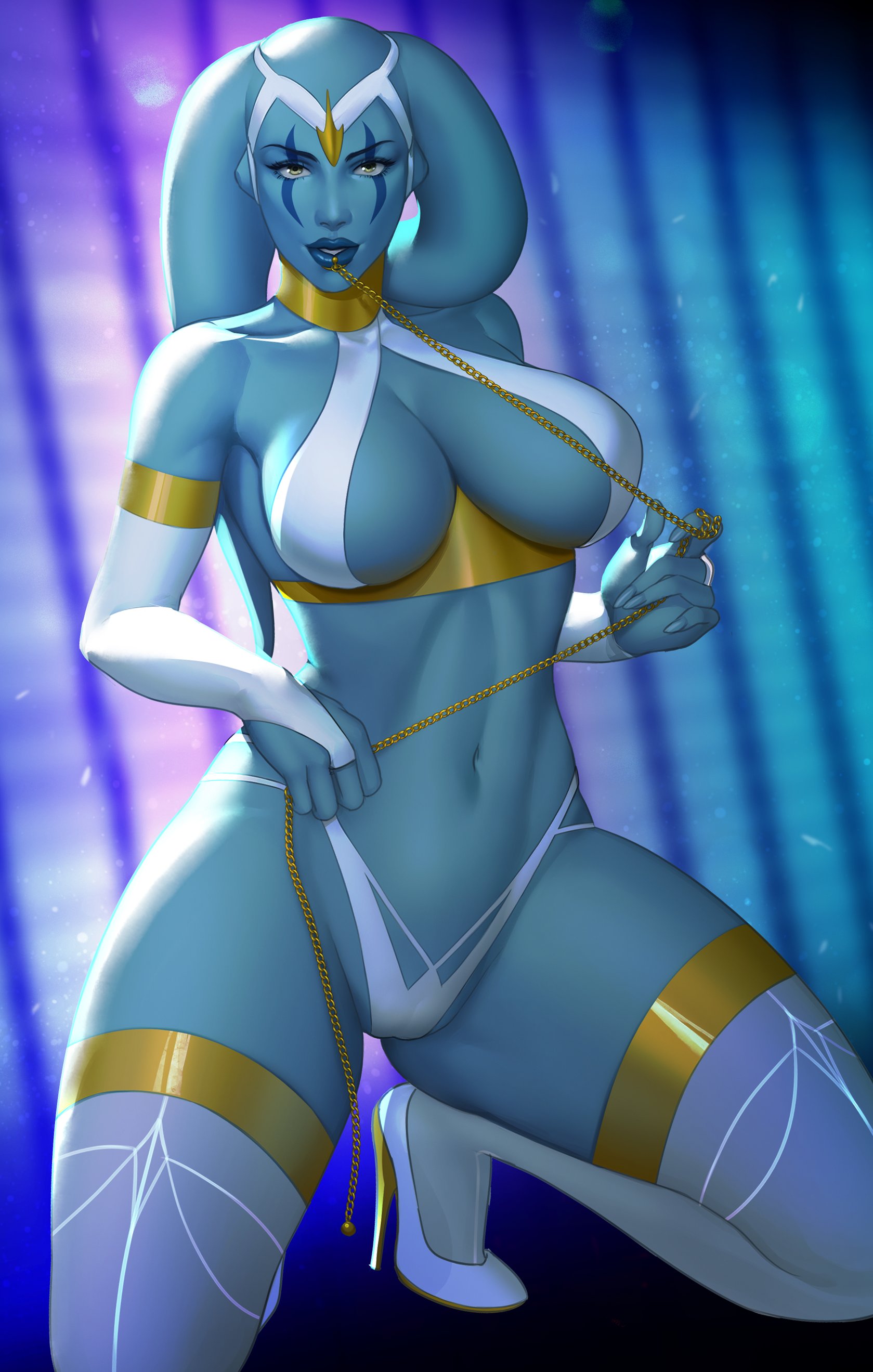 grownupjizz, twi'lek, star wars, gold armlet, absurdres, highres, 1girl, alien, blue skin, breasts, bridal gauntlets, chain, colored skin, face piercing, full body, gold thighlet, green eyes, high heels, holding, holding chain, kneeling, large breasts, lip piercing, lip ring, looking at viewer, piercing, see-through clothes, see-through thighhighs, shoes, solo, thighhighs, white bridal gauntlets, white shoes, white thighhighs