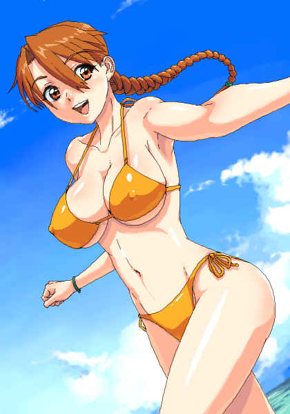 nigou, 1girl, bikini, braid, breasts, brown eyes, brown hair, cleavage, cloud, day, dutch angle, female focus, large breasts, orange bikini, side-tie bikini bottom, single braid, smile, solo, string bikini, swimsuit, underboob