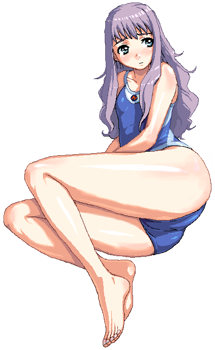 nigou, kazahana mashiro, my-hime, 00s, bad feet, barefoot, blue one-piece swimsuit, feet, full body, legs, one-piece swimsuit, plantar flexion, solo, swimsuit, thighs, toes