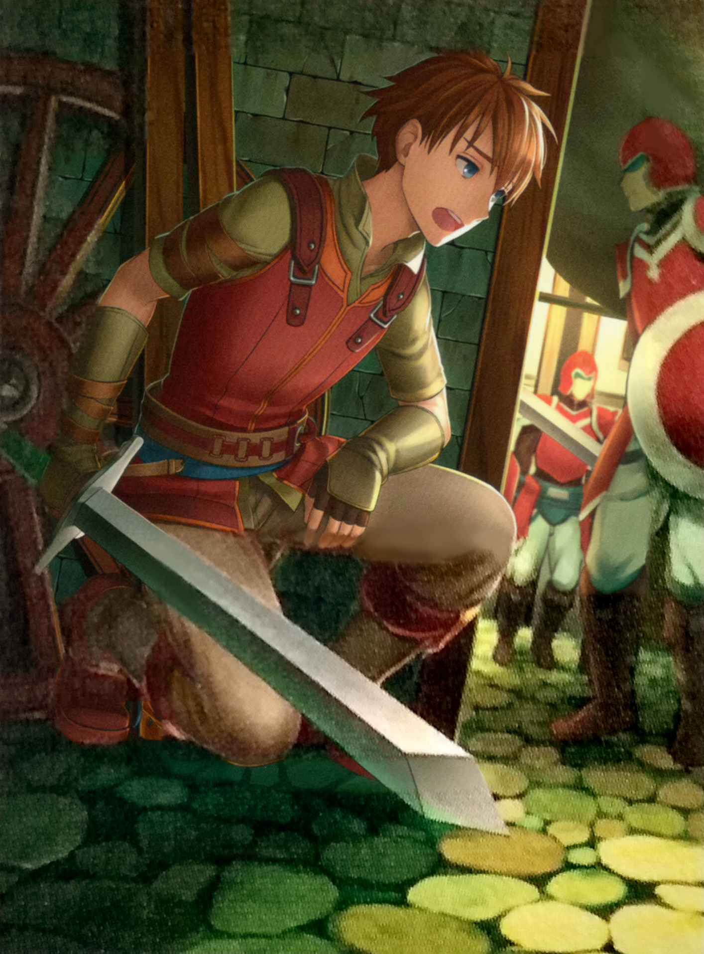 edward (fire emblem), fire emblem, fire emblem: radiant dawn, fire emblem cipher, nintendo, commentary, english commentary, highres, official art, scan, third-party source, 3boys, armor, blue eyes, brown hair, helmet, holding, holding sword, holding weapon, male focus, multiple boys, on one knee, open mouth, red armor, short hair, solo focus, sword, voco, weapon