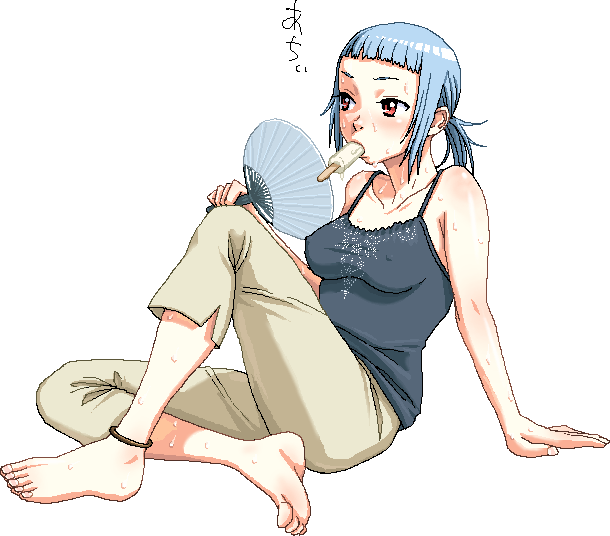 nigou, miyu greer, my-hime, 00s, 1girl, anklet, arm support, barefoot, blue hair, breasts, camisole, capri pants, covered erect nipples, feet, female focus, food, full body, hand fan, jewelry, large breasts, legs, mouth hold, no bra, oekaki, pants, paper fan, popsicle, red eyes, solo, sweat, thighs, toes, uchiwa