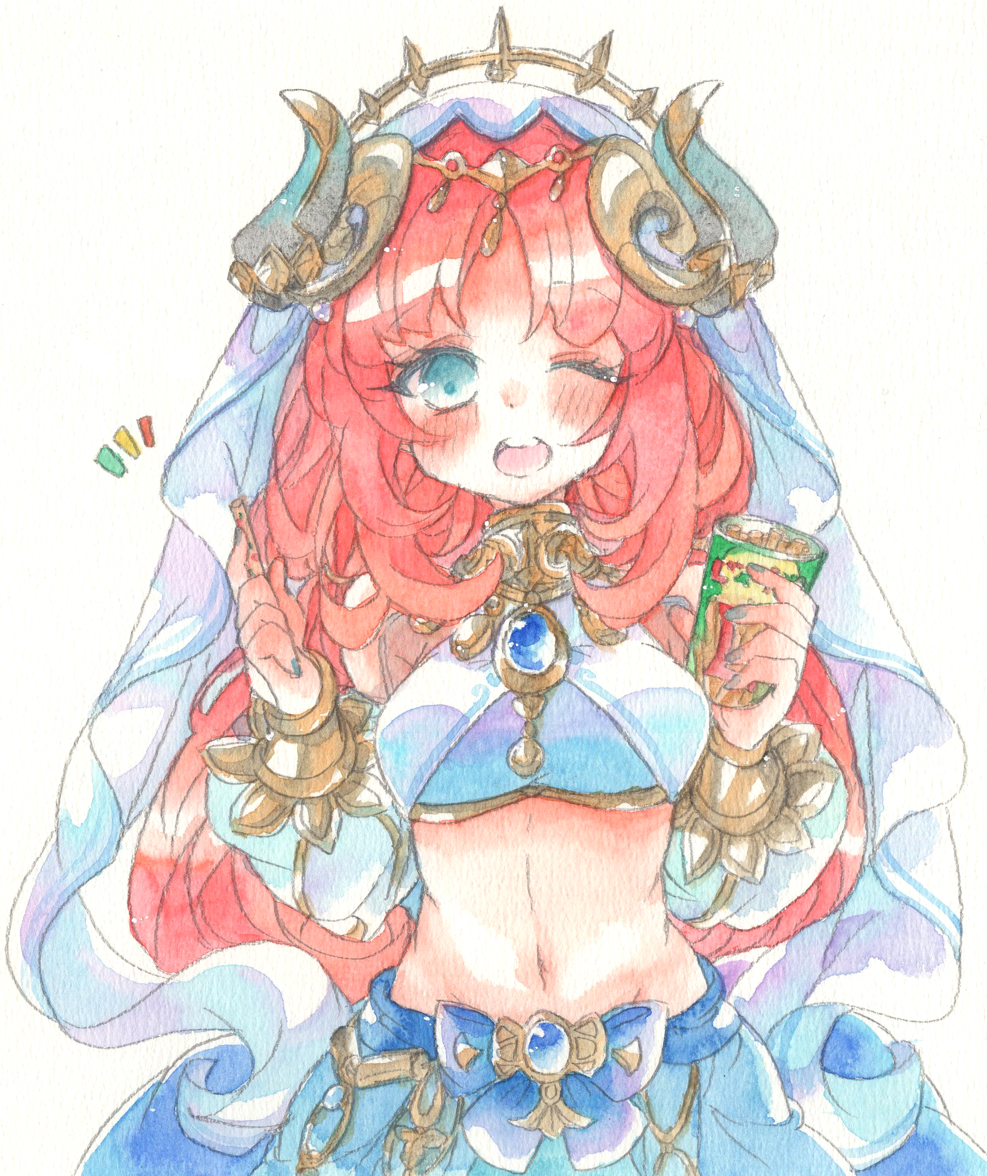 fina (sa47rin5), nilou (genshin impact), genshin impact, commentary request, highres, 1girl, ;o, aqua eyes, black horns, blue skirt, blush, breasts, crop top, fake horns, food, gold trim, harem outfit, holding, holding food, horns, long hair, long sleeves, looking at viewer, midriff, navel, one eye closed, open mouth, puffy long sleeves, puffy sleeves, red hair, simple background, skirt, small breasts, solo, stomach, teeth, upper body, upper teeth only, veil, white background, white veil