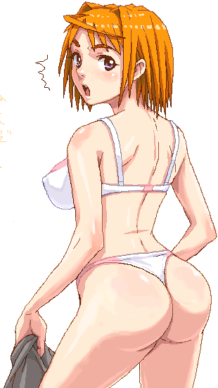 nigou, tokiha mai, my-hime, 00s, 1girl, :o, ass, back, blush, bra, breasts, covered erect nipples, female focus, from behind, large breasts, lingerie, looking back, oekaki, open mouth, orange hair, panties, purple eyes, short hair, solo, surprised, thighs, thong, underwear, underwear only, white panties