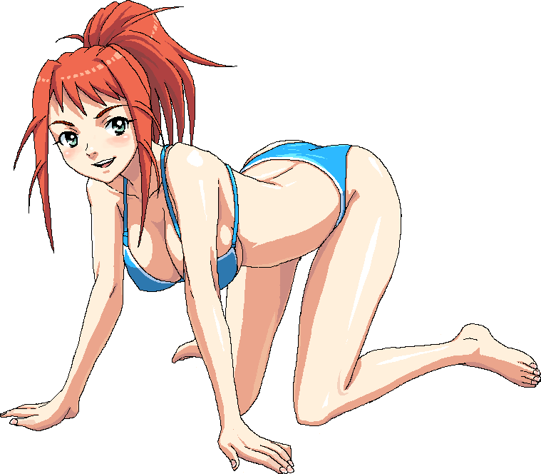 nigou, sugiura midori, my-hime, 00s, 1girl, all fours, aqua eyes, barefoot, bikini, blue bikini, breasts, cleavage, female focus, full body, medium breasts, oekaki, orange hair, ponytail, red hair, solo, string bikini, swimsuit, toes
