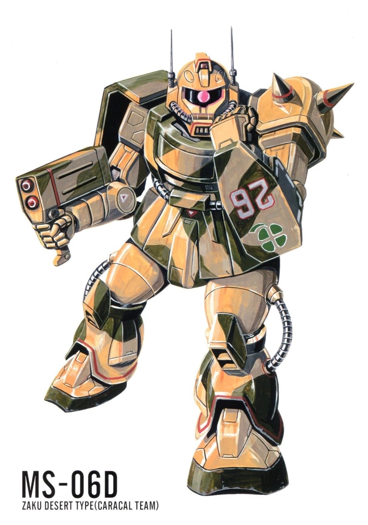 ookawara kunio, zaku desert type, gundam, gundam msv, 1980s (style), highres, magazine scan, painting (medium), scan, traditional media, cable, camouflage, character name, machinery, mecha, mecha focus, mobile suit, multishot rocket launcher, no humans, oldschool, one-eyed, radio antenna, realistic, retro artstyle, robot, rocket launcher, science fiction, shield, shoulder spikes, spikes, weapon, white background, zeon