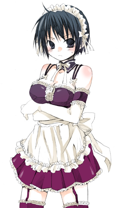 kubyou azami, sawatari izumi, kore ga watashi no goshujin-sama, 00s, 1girl, ahoge, arm garter, bare shoulders, black eyes, black hair, blush, breasts, cleavage, cowboy shot, detached collar, facing viewer, female focus, frown, garter straps, looking at viewer, maid, maid headdress, medium breasts, nakabayashi yoshitaka's maid uniform, no bra, purple thighhighs, short hair, simple background, solo, standing, sweatdrop, thighhighs, white background, zettai ryouiki