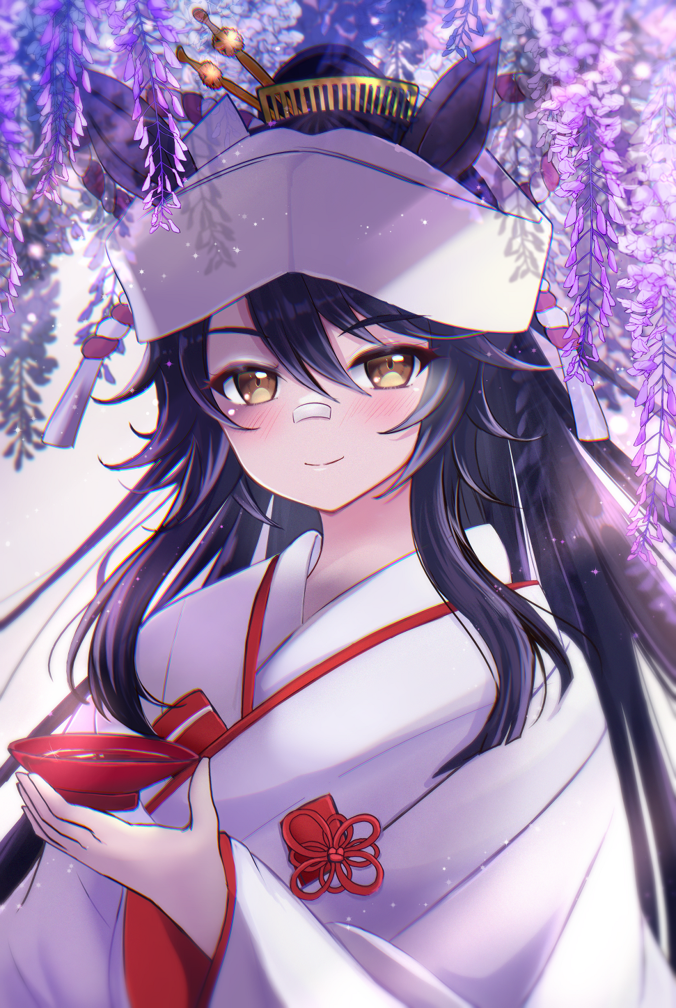 terimuku, narita brian (umamusume), umamusume, commentary request, highres, 1girl, black hair, brown eyes, closed mouth, cup, flower, hair between eyes, hand up, holding, holding cup, japanese clothes, kimono, long hair, long sleeves, looking at viewer, purple flower, sakazuki, shiromuku, smile, solo, uchikake, upper body, very long hair, white kimono, wide sleeves, wisteria