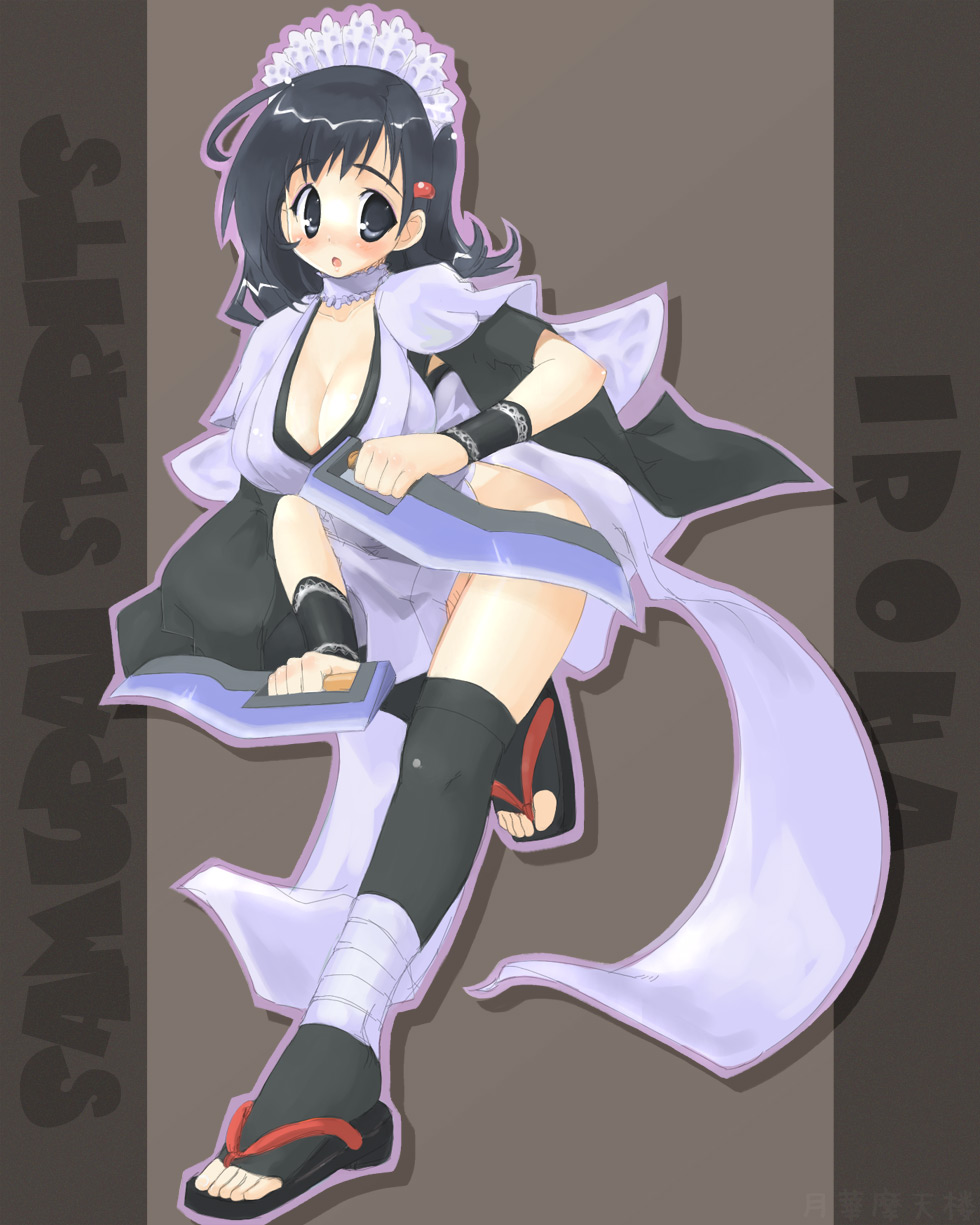 amasa mitsunaru, iroha (samurai spirits), samurai spirits, snk, highres, 1girl, armband, black eyes, black hair, blush, breasts, cleavage, female focus, flipped hair, hair ornament, hairband, hairclip, large breasts, ninja, no panties, sandals, solo, thighhighs, zouri