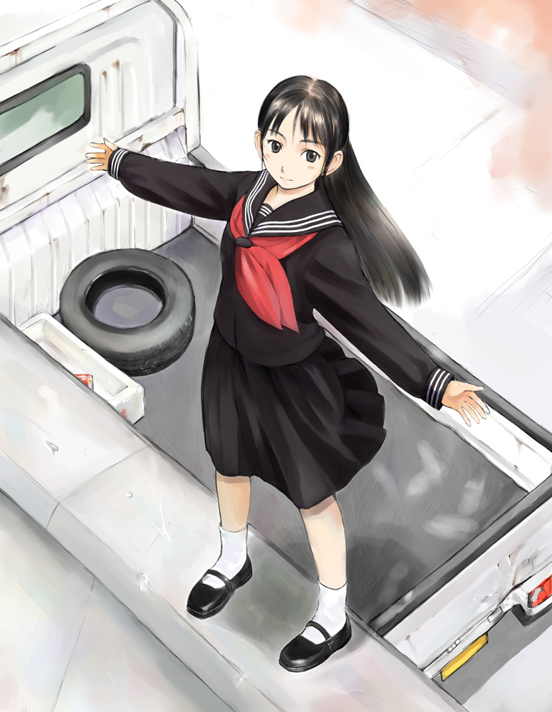 imo cyber, mako-hime, princess mako, real life, 1girl, animification, black eyes, black hair, black serafuku, black shirt, black shoes, blouse, female focus, from above, kei truck, long hair, motor vehicle, neckerchief, pickup truck, pleated skirt, real life insert, red neckerchief, school uniform, serafuku, shirt, shoes, skirt, socks, solo, standing, truck, unused tire, white socks