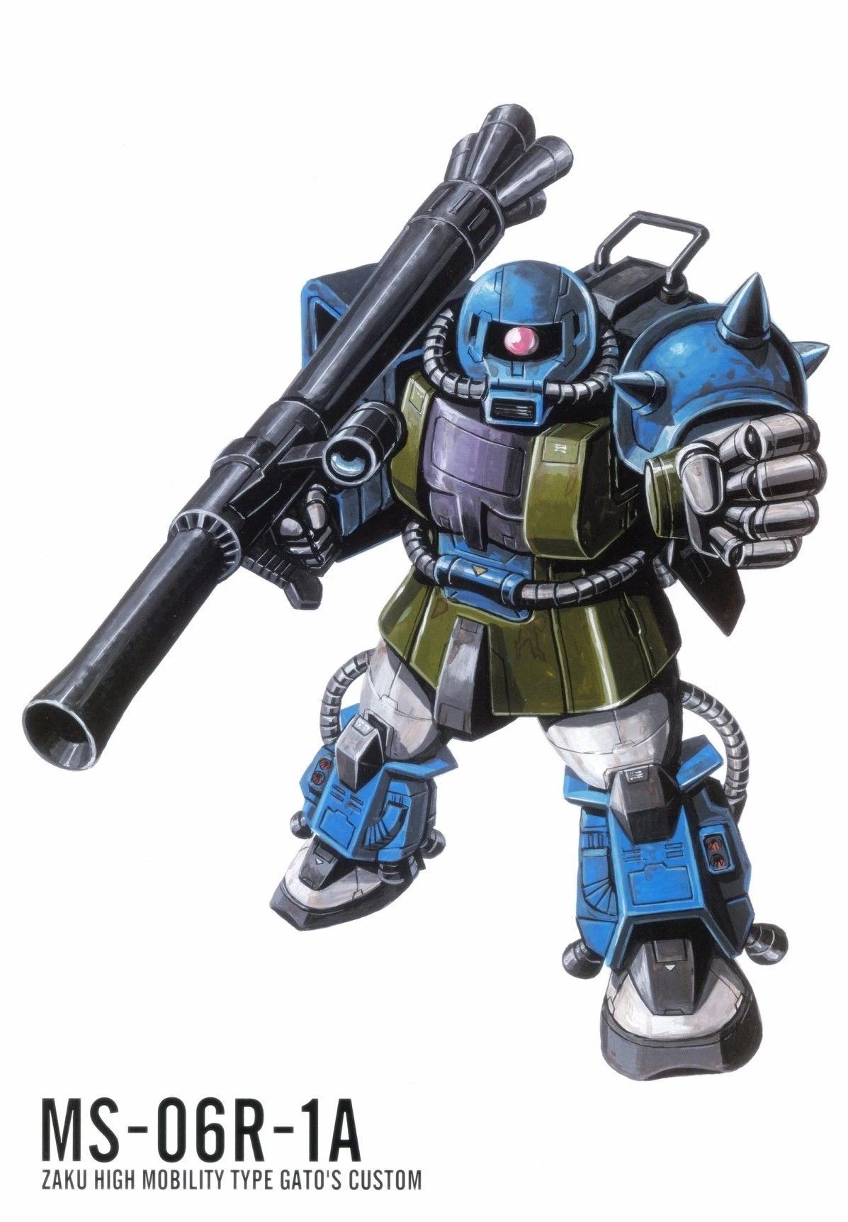 ookawara kunio, zaku ii, gundam, gundam msv, 1980s (style), highres, magazine scan, official art, painting (medium), scan, traditional media, bazooka (gundam), cable, character name, machinery, mecha, mecha focus, mobile suit, no humans, oldschool, one-eyed, realistic, retro artstyle, robot, science fiction, scope, vernier thrusters, zaku ii hmt, zaku ii hmt gato custom, zeon