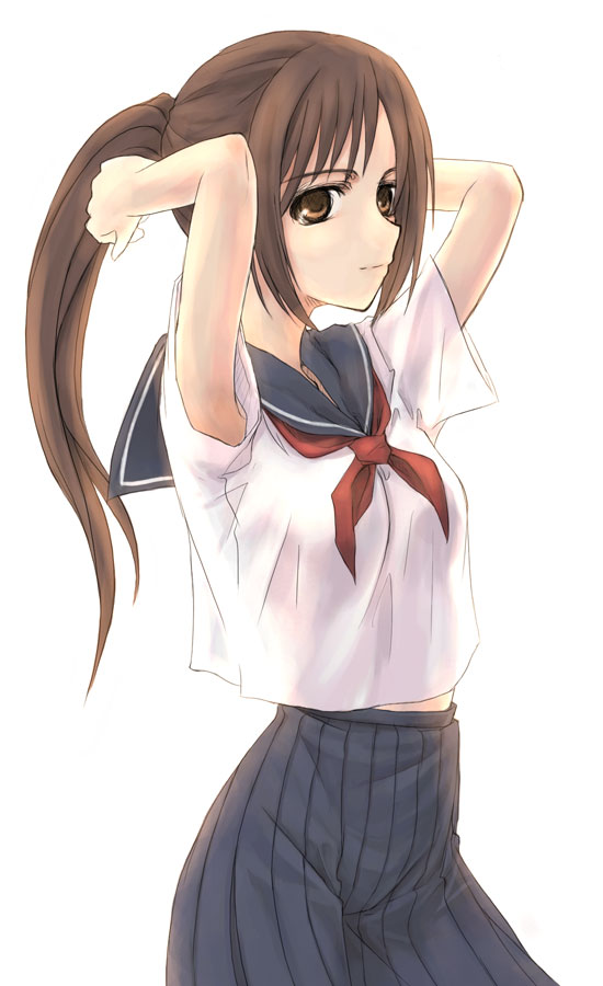 ooyari ashito, original, 1girl, armpits, arms behind head, arms up, black skirt, breasts, brown eyes, brown hair, cowboy shot, crop top, female focus, long hair, looking at viewer, looking to the side, medium breasts, midriff peek, neckerchief, pleated skirt, ponytail, red neckerchief, school uniform, serafuku, short sleeves, simple background, skirt, solo, white background