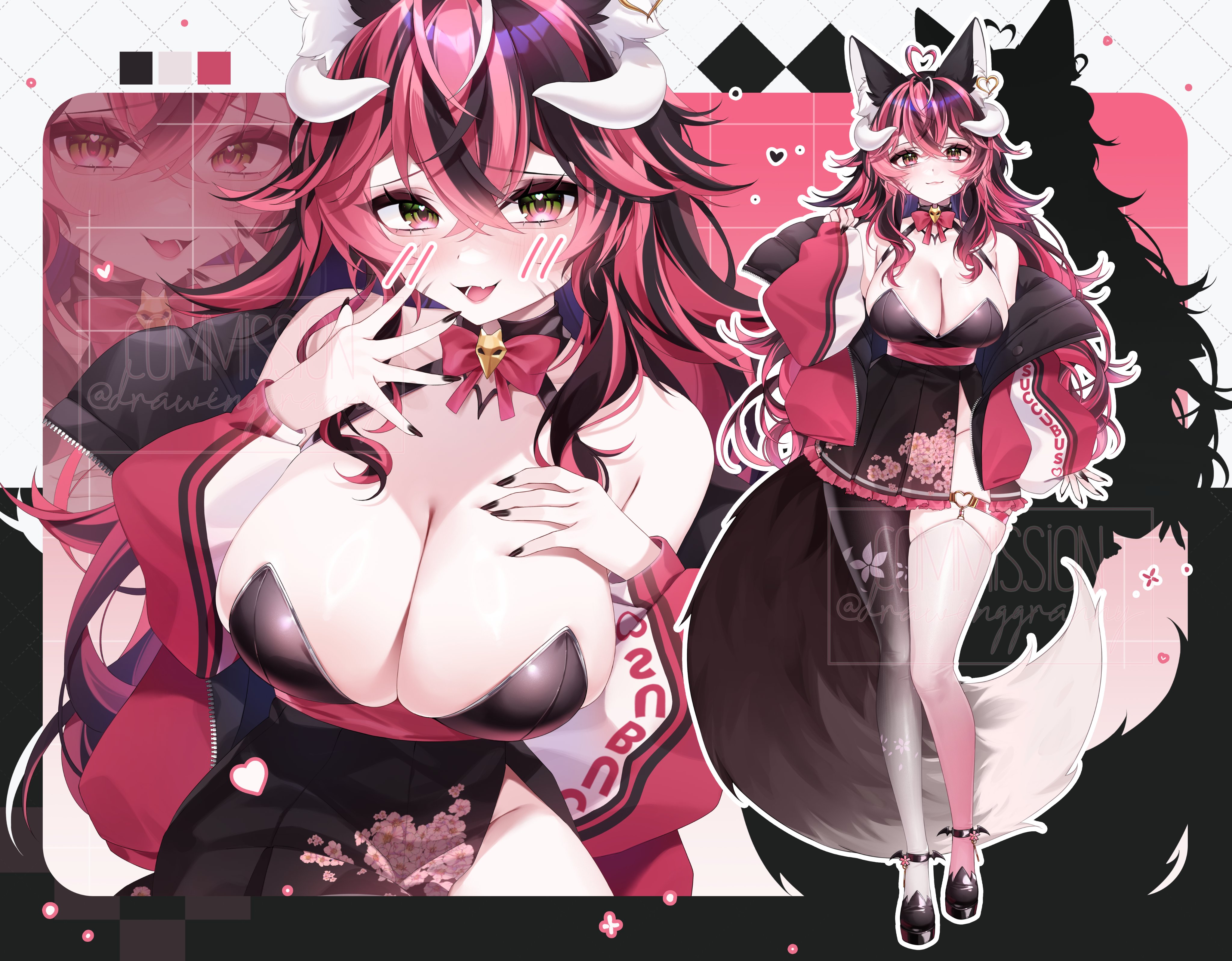 drawinggranny, asaki valentine, indie virtual youtuber, absurdres, highres, 1girl, ahoge, animal ear fluff, animal ears, asymmetrical legwear, black hair, black nails, black shoes, black skirt, bow, bowtie, breasts, cleavage, closed mouth, earrings, facial mark, fang, fox ears, fox girl, fox tail, gradient tail, gradient thighhighs, green eyes, hair between eyes, hand on own chest, heart, heart ahoge, heart earrings, heart in eye, heart o-ring, horns, jacket, jewelry, large breasts, long hair, long sleeves, multicolored hair, o-ring, open clothes, open jacket, open mouth, pink bow, pink bowtie, pink hair, pink jacket, pink thighhighs, shoes, single earring, skin fang, skirt, smile, streaked hair, symbol in eye, tail, thighhighs, twitter username, virtual youtuber, watermark, whisker markings, white horns, white thighhighs