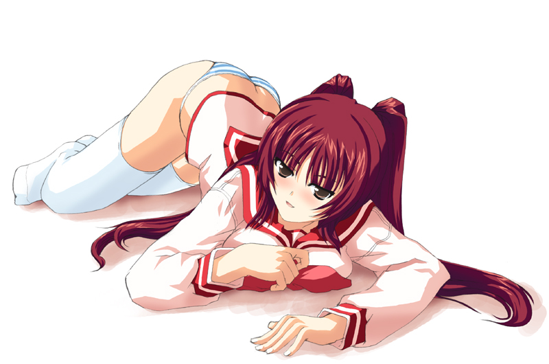 date (senpen), kousaka tamaki, to heart (series), to heart 2, 00s, ass, blue eyes, blue panties, blush, bottomless, brown eyes, butt crack, long hair, lying, no pants, on stomach, panties, red hair, school uniform, serafuku, striped clothes, striped panties, thighhighs, underwear, white thighhighs